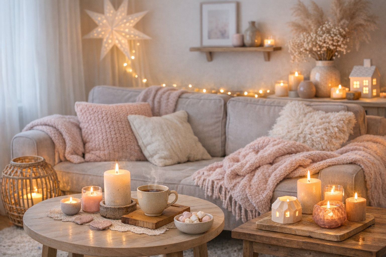 Hygge-Wohnzimmer mit weichen Pastelltönen und Kerzenlicht
