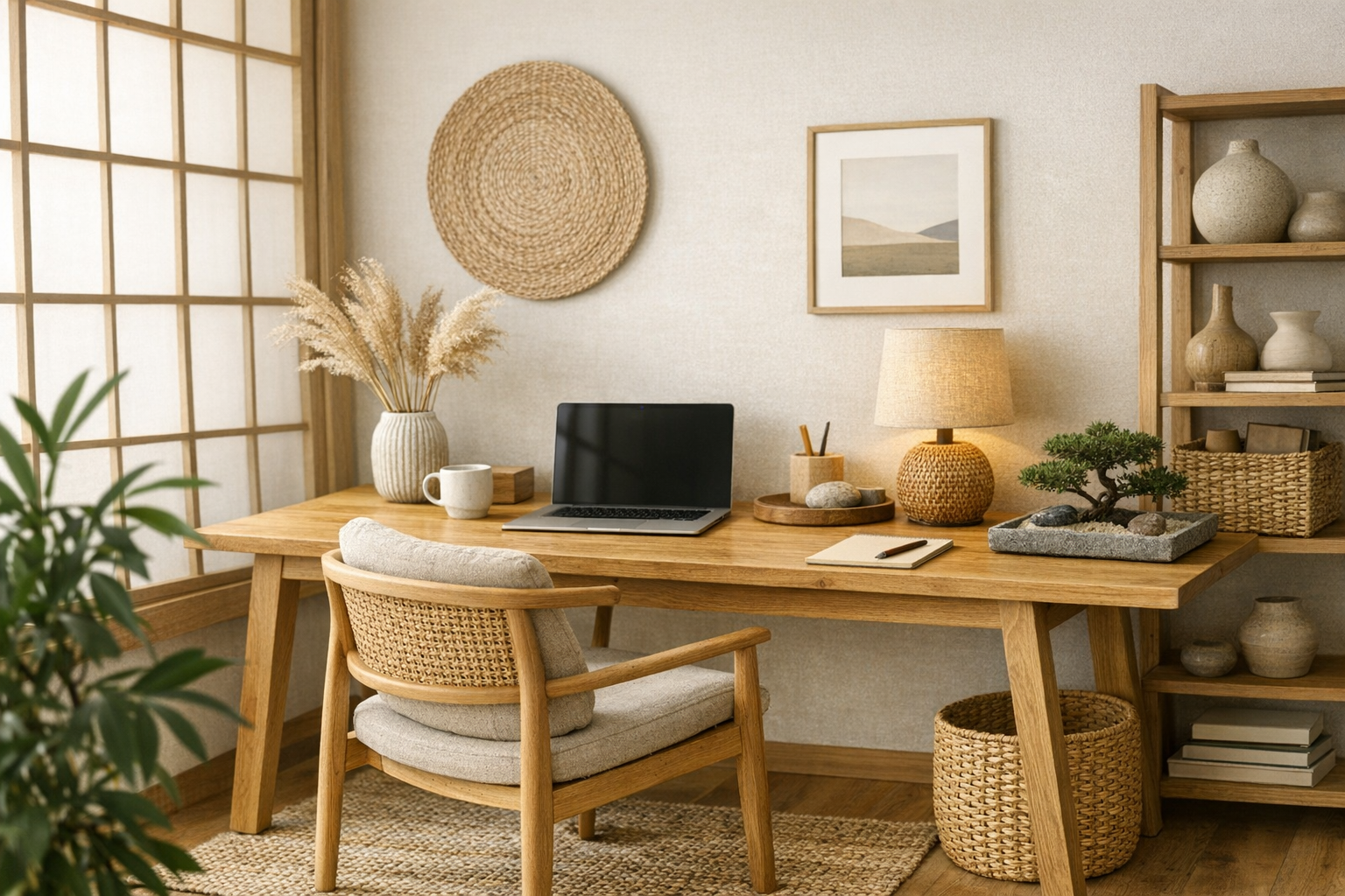 Japandi Home Office mit natürlichen Materialien gestalten