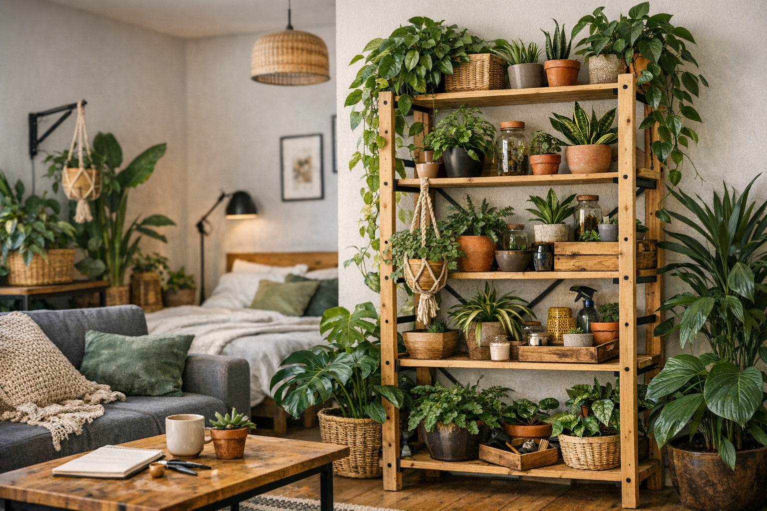 Urban Jungle im Studio Apartment mit DIY Pflanzenregal