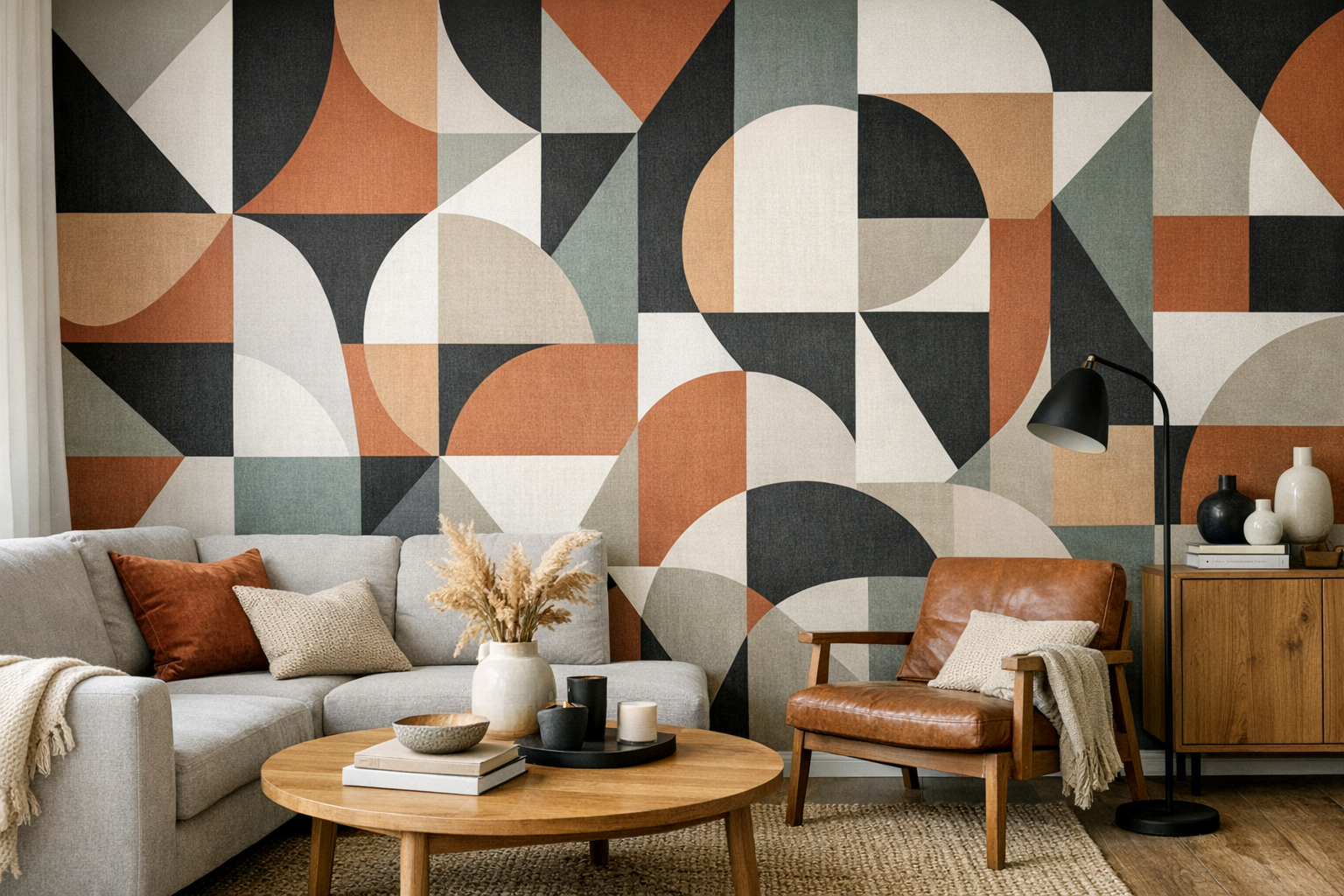 Akzentwände mit geometrischen Tapeten im Wohnzimmer