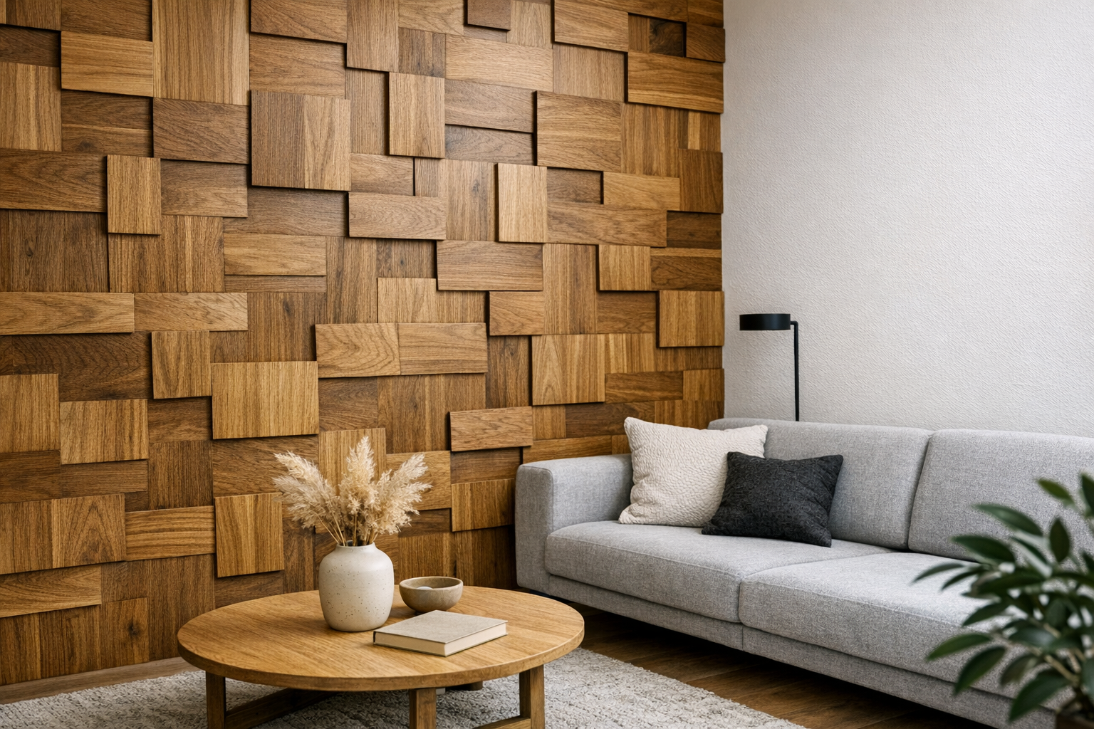 Minimalistische Akzentwände mit 3D-Holzpaneelen gestalten