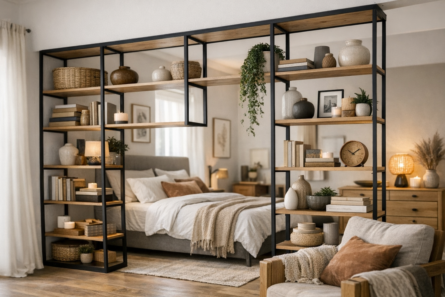 Wandregale als stilvoller Raumteiler im Schlafzimmer