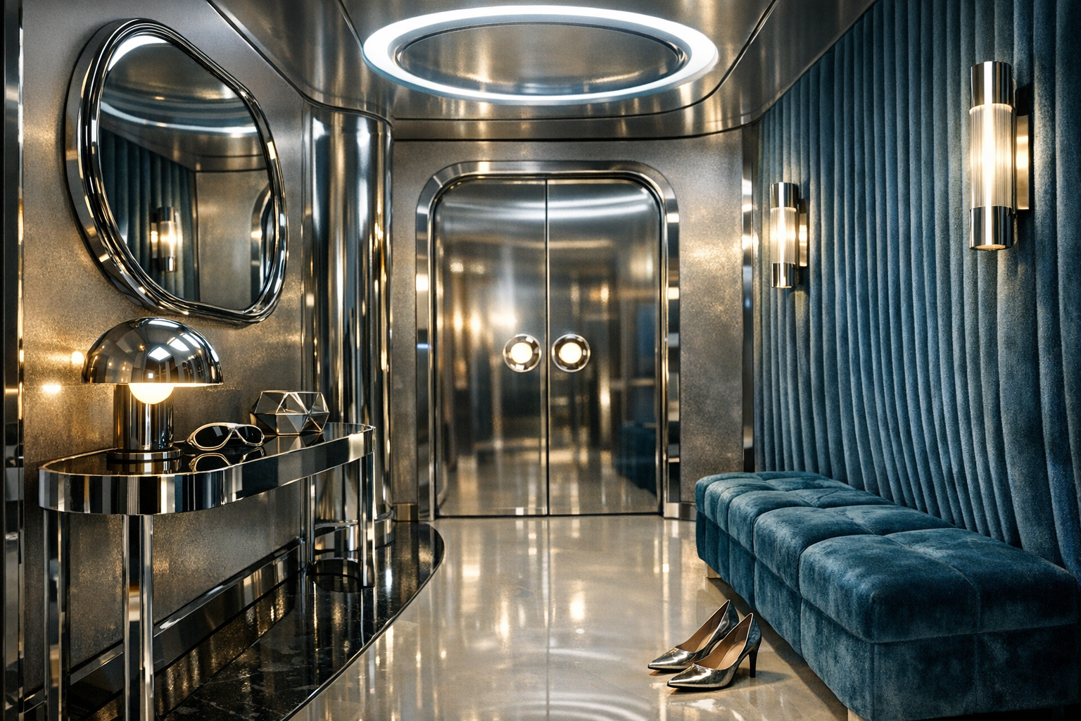 Futuristischer Retro-Look: Chrom und Samt im Flur